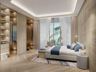 luxury penthouse bedroom with natural light and balcony