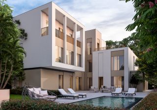 modern luxury villa courtyard with pool and lounge